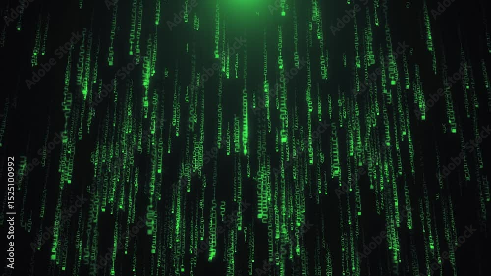 Matrix style futuristic background with cascading streams of glowing green digital code. Cybersecurity and hacking concept. Full HD and looping cyber technology background.