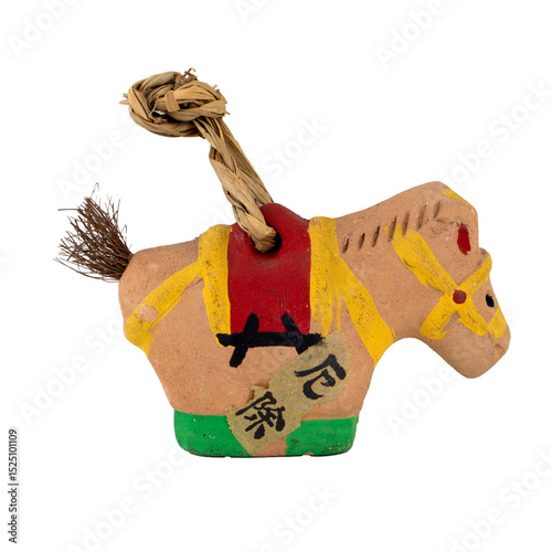 20250608011 Traditional Japanese clay horse figurine with straw elements.
