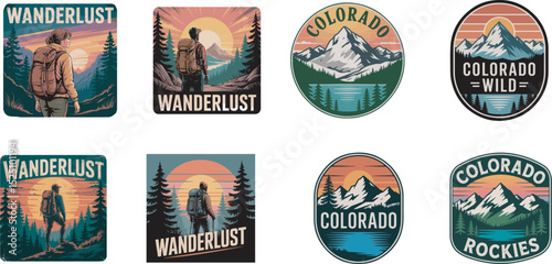 Collection of adventure and travel graphic designs depicting hiking mountain views and wanderlust destinations