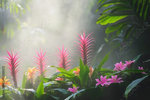 Pink bromeliads bloom in a misty tropical garden