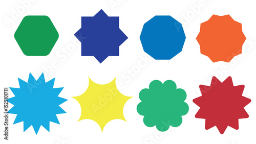Badge star, sticker starburst shape, sale price tag, colorful round discount icon, starburst promotional badge set, shopping labels, starburst speech bubbles, sun ray frames for design,