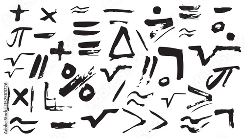 Set of hand drawing black math symbol, collection of mathematics glyph icons drawn in ink, hand drawn line art mathematical symbols vector, sloppy grunge plus and minus signs for students
