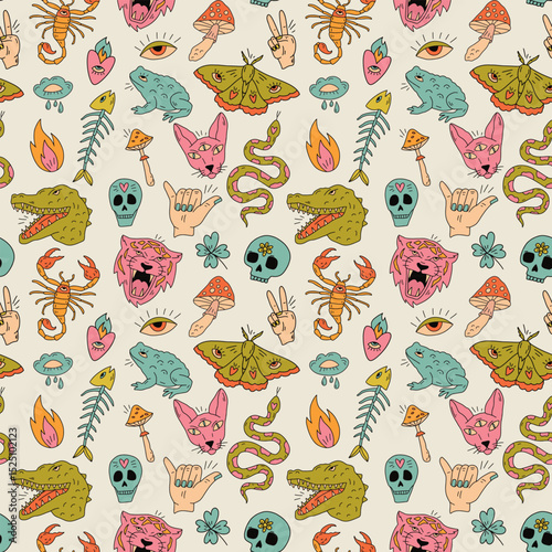 Seamless vector pattern featuring primitive doodle style illustrations with psychedelic elements in a retro colour palette. Images of skulls, animals, hearts, snakes, mushrooms, eyes, scorpion, toad