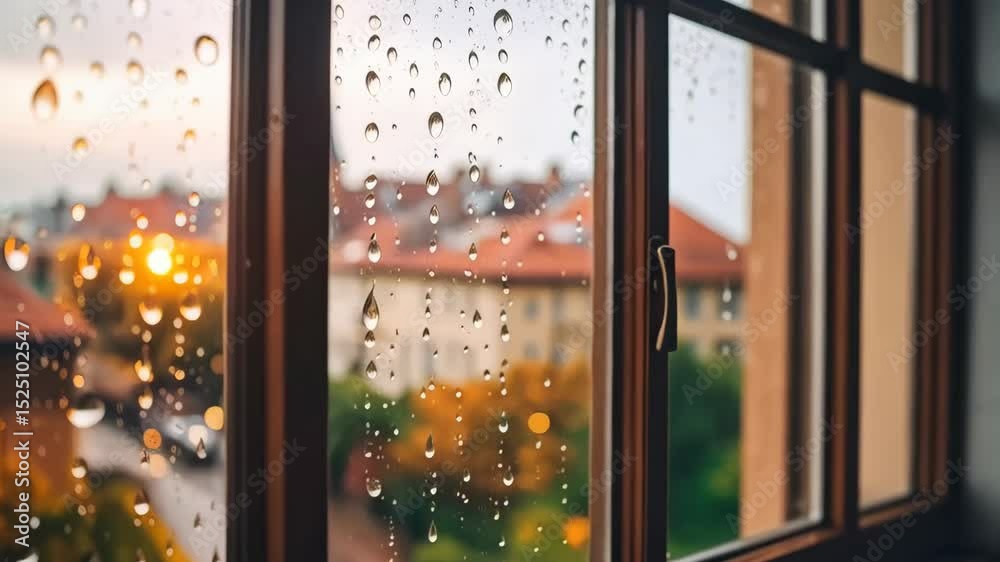 Raindrops clinging to a windowpane offer a blurred view of buildings and trees, bringing a somber atmosphere indoors.
