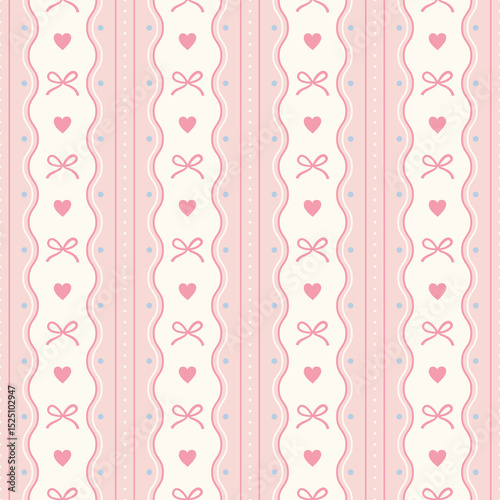 Coquette seamless pattern with vertical pink and cream stripes , decorative pink bows and heart and subtle blue polka dots background ideal for feminine designs..