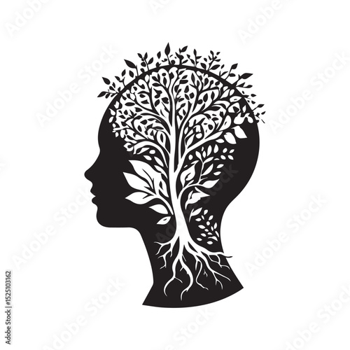 Mindful Roots: An intricate illustration of a human silhouette, with a tree flourishing in place of the mind, illustrating a beautiful interconnection between thought and nature.