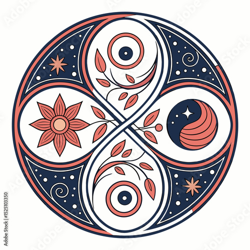 Cosmic Balance Mandala A Harmonious Design of Yin and Yang, Floral Motifs, and Celestial Elements