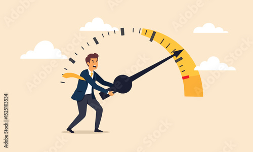 Cartoon businessman running on a clock in the sky, symbolizing the concept of chasing success and money