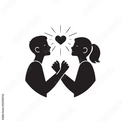 Couple connection: A minimalist black and white illustration of a silhouetted couple facing each other, with their hands almost touching below radiant heart shining above, symbolizing love.