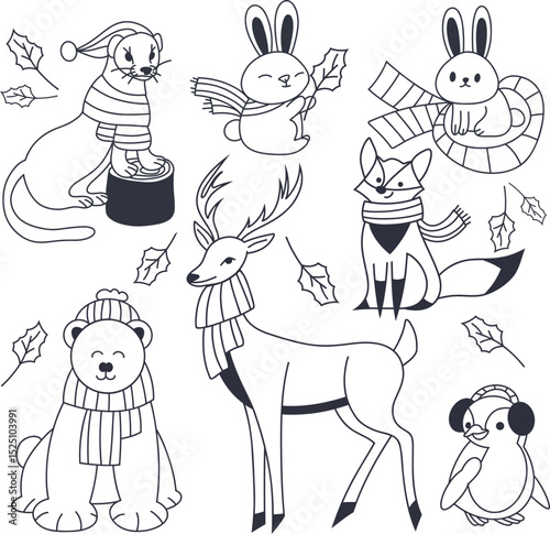 Winter Animal Illustrations. Characters in Cozy Outfits. Adorable Winter Animals with Warm Clothing. Vector line art.