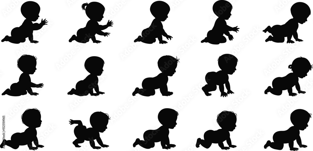 Naklejka premium Vector illustration of crawling baby silhouettes, infant movement poses, toddler black figures collection, child development stages, baby crawling action design