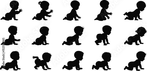 Vector illustration of crawling baby silhouettes, infant movement poses, toddler black figures collection, child development stages, baby crawling action design