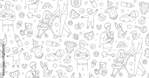 Father and Baby Pattern Line Art Baby Items and Parenting Illustration. Seamless Baby Care Background with Dads and Newborns Linear Style. Parenting Clipart Set Fathers Babies Baby Essentials Outline