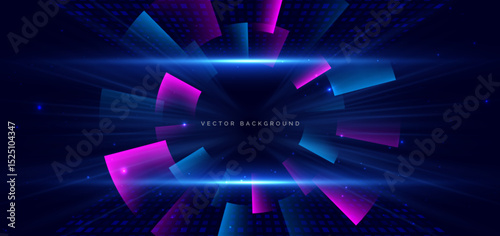 Abstract blue and pink light rays on dark blue background.