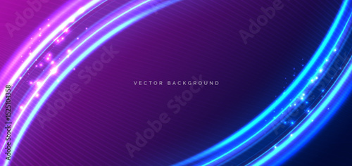 Abstract blue curve light ray with lighting effect sparkle on dark blue and pingk background.
