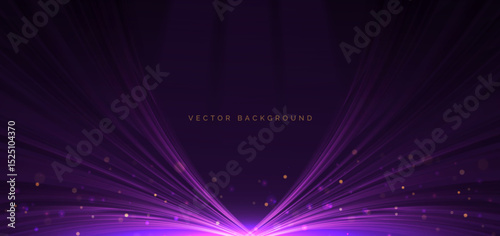 Purple light glowing curved lins on drak background with sparkle.
