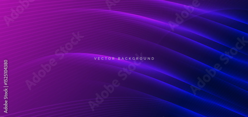 Abstract blue cirved light lines with lighting effect sparkle on dark blue and pingk background. Technology concept.