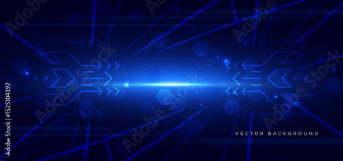 Futuristic technology hexagon and arrow blue with lighting effect sparkle on dark blue background.