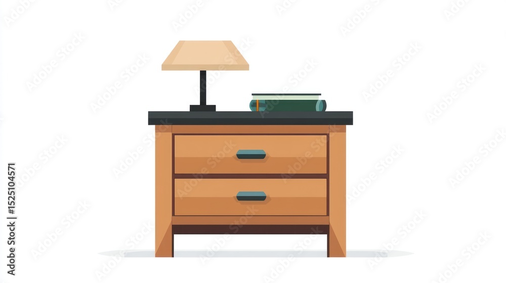 Fototapeta premium Nightstand with two drawers, books, and lamp, simplistic vector art on white background