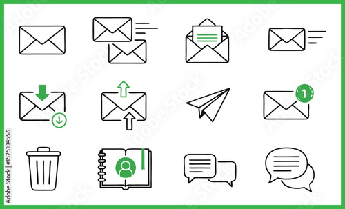 Email, mail, and envelope icons set for web communication design