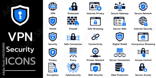 VPN icon set. Containing secure connection, privacy, cybersecurity, encrypted, proxy, firewall, online protection for technology . Solid vector icons collection