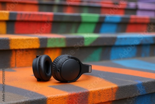 pair of black headphones resting on colorful stairs.