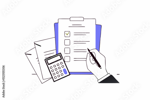 Income tax filing, calculate revenue and filling tax form, expert complete checklist for all reduction, refund and payment concept, expertise businessman completed tax filing form with calculator.