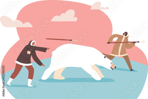 Eskimo hunters with weapon vector illustration