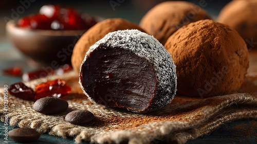 Gourmet Chocolate Truffles Assortment with Cocoa Powder and Berries on Burlap