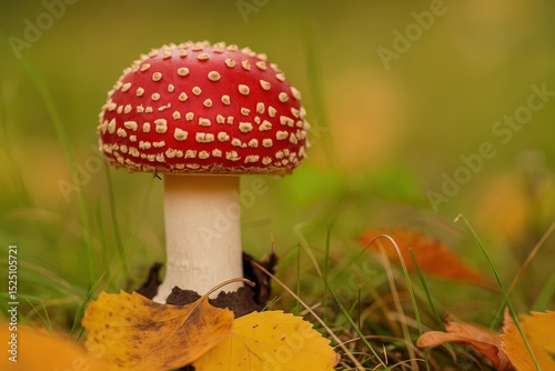 red mushroom with white stem in grass. photo