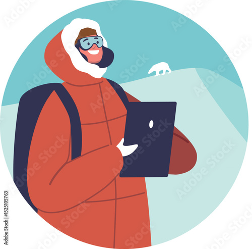 Woman polar explorer caring bear