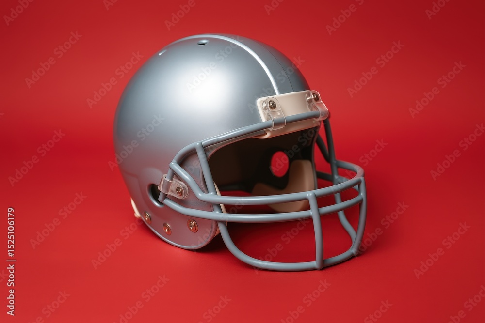 Fototapeta premium 3D silver football helmet with faceguard on red background.