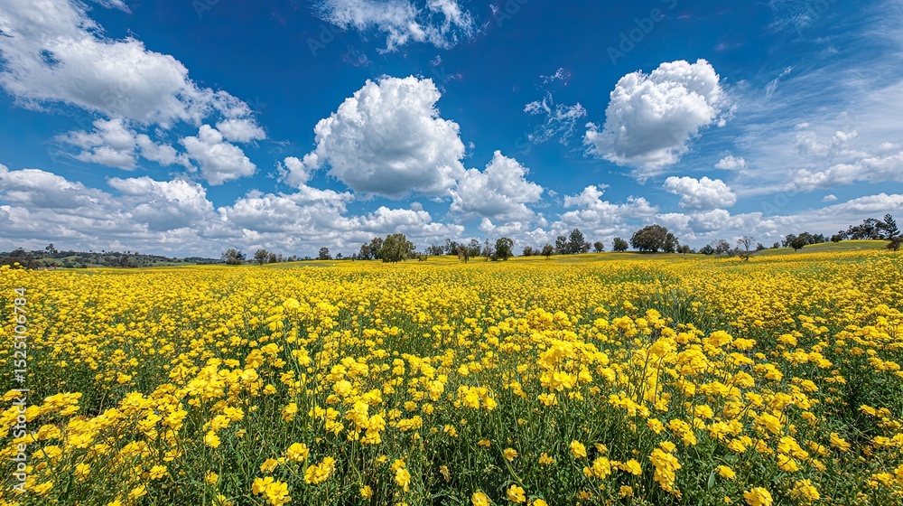 Obraz premium Vast yellow flower field under bright blue sky with fluffy white clouds on a sunny spring day landscape