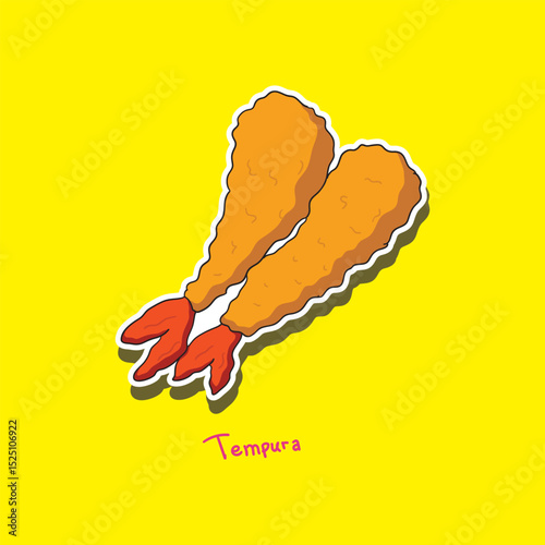 Cute Tempura Vector Illustration - Japanese Fried Shrimp on Yellow Background