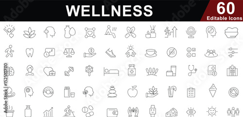 Wellness Line Icons Set. Health, Mind, Body, Relaxation and Healthy Lifestyle Symbols. Editable Vector 