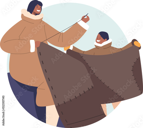 Eskimo family creating national clothes