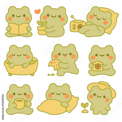 Cute frog digital sticker set in cartoon style – colorful animal icons for kids, scrapbooking, planners, messages, and fun decorative use in digital or printable design projects
