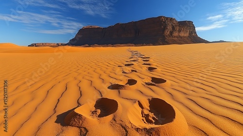 Footprints leading to rock formation in desert landscape