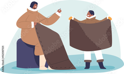 Eskimo mother daughter sewing clothes