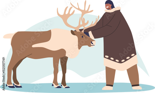 Eskimo woman petting reindeer vector illustration