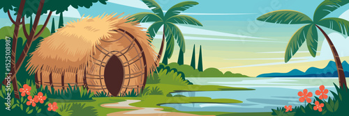 Hand-drawn straw hut surrounded by tropical nature and a lake – Great for adventure travel materials, eco-tourism branding, or nature illustrations.