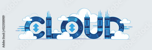 cloud word formed by server racks and fluffy clouds with data icons – suitable for cloud computing, data storage, and technology branding