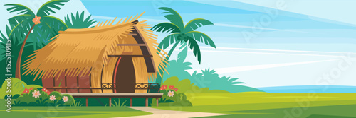 Tropical hut with palm leaves and thatched roof in a lush landscape – Perfect for travel advertising, eco-resort branding, or island lifestyle content.