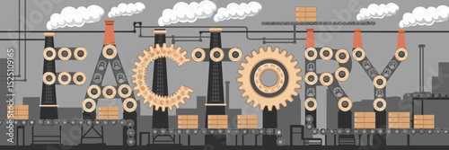Industrial “Factory” typography with pipes, boxes, and machines – Ideal for automation concepts, production visuals, or logistics campaigns