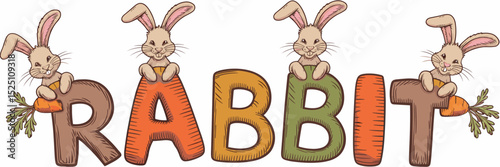 Vector rabbit and carrot typography in a circular layout on a white background