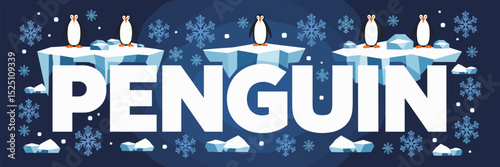 Penguin typography with penguins, icebergs, and snowflakes – Great for winter merchandise, animal-themed decor, or seasonal promotions