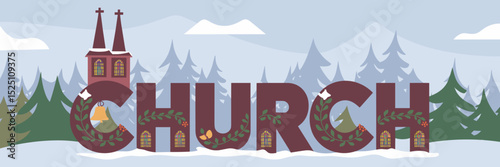 Church text with festive decorations in snowy landscape – Ideal for holiday cards, winter-themed religious promotions, or Christmas designs.