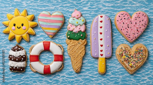 Cute summer-themed decorated cookies with sun, ice cream, hearts and lifebuoy on blue water background