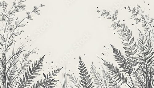 Minimal Plant Background Vector with Leaves and Ferns Hand Drawn Elegant Flower Branch and Minimalistic Plants Design with Copy Space