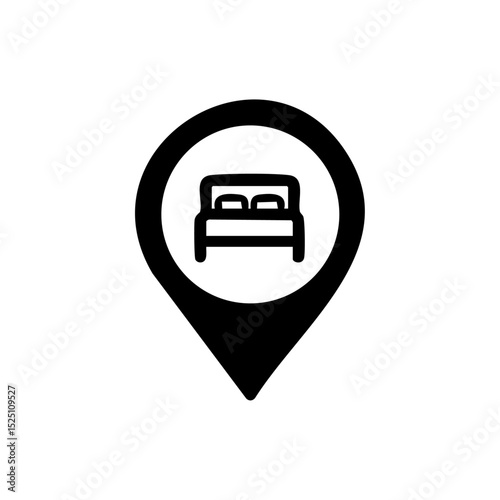 Vector logo of a bed inside a location pin in minimalist black style.


